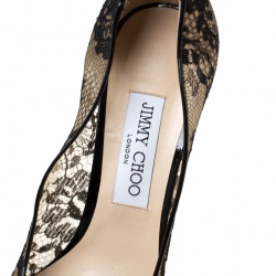 Pre Owned Jimmy Choo Black Lace and Patent Leather Abel Pointed Toe Pumps Size 40