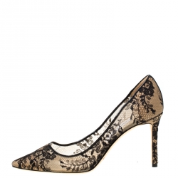 Pre Owned Jimmy Choo Black Lace and Patent Leather Abel Pointed Toe Pumps Size 40