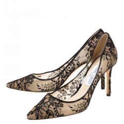 Pre Owned Jimmy Choo Black Lace and Patent Leather Abel Pointed Toe Pumps Size 40