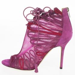 مملوكة مسبقًا Jimmy Choo Magenta Kafira Mesh and Suede Lace-Up Ankle Booties Size 39.5