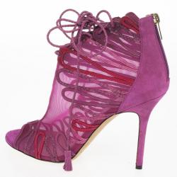 مملوكة مسبقًا Jimmy Choo Magenta Kafira Mesh and Suede Lace-Up Ankle Booties Size 39.5