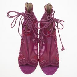 مملوكة مسبقًا Jimmy Choo Magenta Kafira Mesh and Suede Lace-Up Ankle Booties Size 39.5