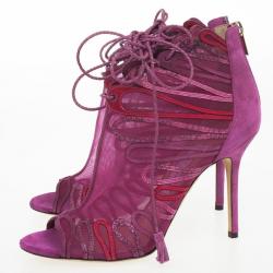 مملوكة مسبقًا Jimmy Choo Magenta Kafira Mesh and Suede Lace-Up Ankle Booties Size 39.5