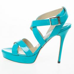 Pre Owned Jimmy Choo Sky Blue Patent Leather Vamp Sandals Size 38.5