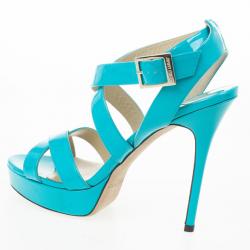 Pre Owned Jimmy Choo Sky Blue Patent Leather Vamp Sandals Size 38.5
