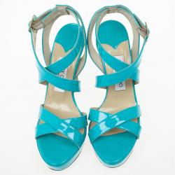 Pre Owned Jimmy Choo Sky Blue Patent Leather Vamp Sandals Size 38.5