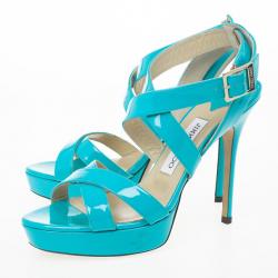 Pre Owned Jimmy Choo Sky Blue Patent Leather Vamp Sandals Size 38.5