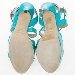 Pre Owned Jimmy Choo Sky Blue Patent Leather Vamp Sandals Size 38.5