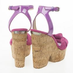 Pre Owned Jimmy Choo ‘Gleam’ Pink Suede Patent Leather Cork Wedge Sandals Size 39