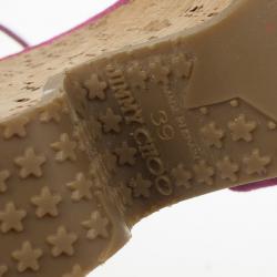 Pre Owned Jimmy Choo ‘Gleam’ Pink Suede Patent Leather Cork Wedge Sandals Size 39