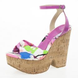 Pre Owned Jimmy Choo Purple Gleam Printed Cork Wedge Sandals Size 39.5