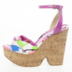 Pre Owned Jimmy Choo Purple Gleam Printed Cork Wedge Sandals Size 39.5