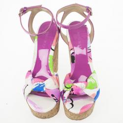 Pre Owned Jimmy Choo Purple Gleam Printed Cork Wedge Sandals Size 39.5