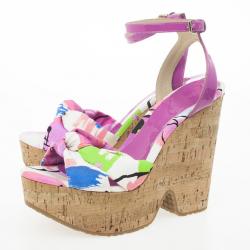 Pre Owned Jimmy Choo Purple Gleam Printed Cork Wedge Sandals Size 39.5