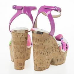 Pre Owned Jimmy Choo Purple Gleam Printed Cork Wedge Sandals Size 39.5