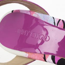 Pre Owned Jimmy Choo Purple Gleam Printed Cork Wedge Sandals Size 39.5