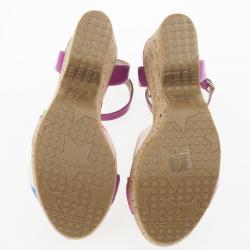 Pre Owned Jimmy Choo Purple Gleam Printed Cork Wedge Sandals Size 39.5