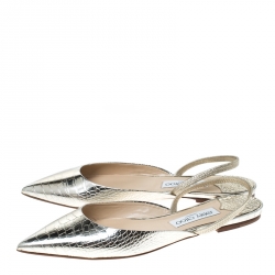 Pre Owned Jimmy Choo Metallic Gold Leather Genoa Pointed Toe Slingback Flat Mules Size 40