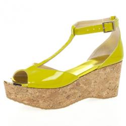 Pre Owned Jimmy Choo Lime Green Patent Pania Cork Wedges Sandals Size 39.5