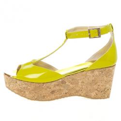 Pre Owned Jimmy Choo Lime Green Patent Pania Cork Wedges Sandals Size 39.5