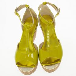 Pre Owned Jimmy Choo Lime Green Patent Pania Cork Wedges Sandals Size 39.5