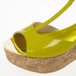 Pre Owned Jimmy Choo Lime Green Patent Pania Cork Wedges Sandals Size 39.5