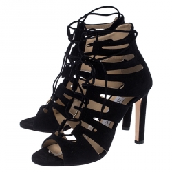 Pre Owned Jimmy Choo Black Suede Hitch Cut Out Ankle Wrap Sandals Size 36