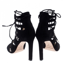 Pre Owned Jimmy Choo Black Suede Hitch Cut Out Ankle Wrap Sandals Size 36