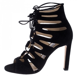 Pre Owned Jimmy Choo Black Suede Hitch Cut Out Ankle Wrap Sandals Size 36