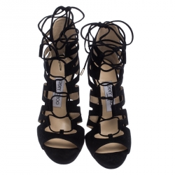 Pre Owned Jimmy Choo Black Suede Hitch Cut Out Ankle Wrap Sandals Size 36