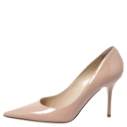 مملوكة مسبقًا حذاء كعب عالي جيمي تشو انوك مقدمة مدببة جلد لامع بيج مقاس 36