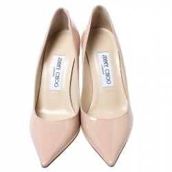 مملوكة مسبقًا حذاء كعب عالي جيمي تشو انوك مقدمة مدببة جلد لامع بيج مقاس 36