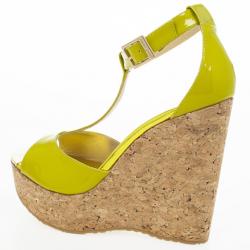 Pre Owned Jimmy Choo Lime Green Patent Leather Pela Cork Wedge Sandals Size 38 