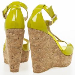 Pre Owned Jimmy Choo Lime Green Patent Leather Pela Cork Wedge Sandals Size 38 