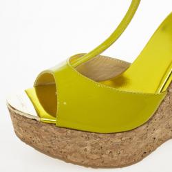 Pre Owned Jimmy Choo Lime Green Patent Leather Pela Cork Wedge Sandals Size 38 