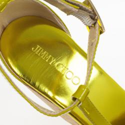 Pre Owned Jimmy Choo Lime Green Patent Leather Pela Cork Wedge Sandals Size 38 