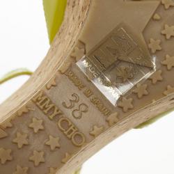 Pre Owned Jimmy Choo Lime Green Patent Leather Pela Cork Wedge Sandals Size 38 