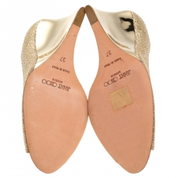 Pre Owned Jimmy Choo Metallic Gold Glitter Fabric Baxen Peep Toe Wedges Pumps Size 37