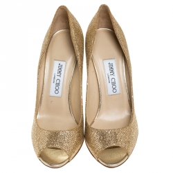 Pre Owned Jimmy Choo Metallic Gold Glitter Fabric Baxen Peep Toe Wedges Pumps Size 37
