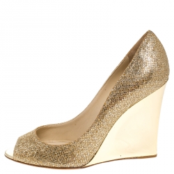 Pre Owned Jimmy Choo Metallic Gold Glitter Fabric Baxen Peep Toe Wedges Pumps Size 37
