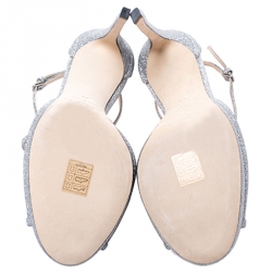 Pre Owned Jimmy Choo Silver Fine Glitter Leather Ankle Strap Sandals Size 40