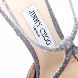 Pre Owned Jimmy Choo Silver Fine Glitter Leather Ankle Strap Sandals Size 40