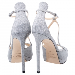 Pre Owned Jimmy Choo Silver Fine Glitter Leather Ankle Strap Sandals Size 40