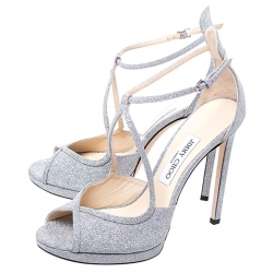 Pre Owned Jimmy Choo Silver Fine Glitter Leather Ankle Strap Sandals Size 40