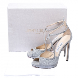 Pre Owned Jimmy Choo Silver Fine Glitter Leather Ankle Strap Sandals Size 40