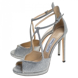 Pre Owned Jimmy Choo Silver Glitter Leather Fawne Ankle Strap Sandals Size 39.5