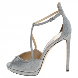Pre Owned Jimmy Choo Silver Glitter Leather Fawne Ankle Strap Sandals Size 39.5