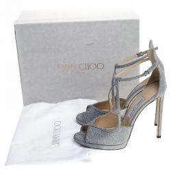 Pre Owned Jimmy Choo Silver Glitter Leather Fawne Ankle Strap Sandals Size 39.5