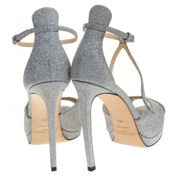 Pre Owned Jimmy Choo Silver Glitter Leather Fawne Ankle Strap Sandals Size 39.5