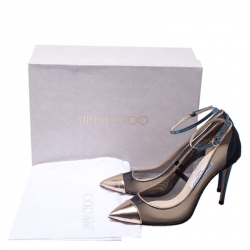 Jimmy Choo Black/Gold Mesh and Patent Leather Tower Ankle Strap Pumps Size 38
